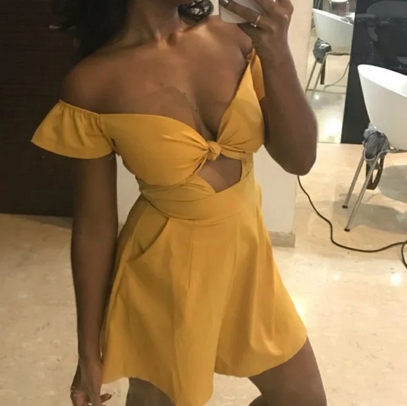 Off Shoulder Front Tie Romper Mustard - Picture 5 of 5